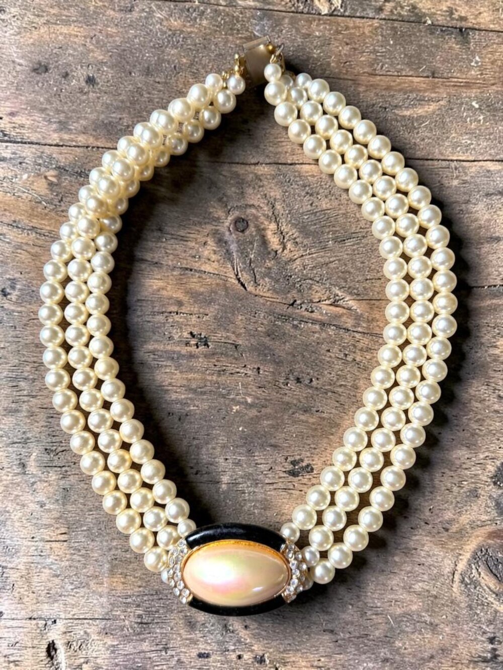 Vintage Multi Strand Faux Pearl Necklace Black Enamel Rhinestone Clasp Statement